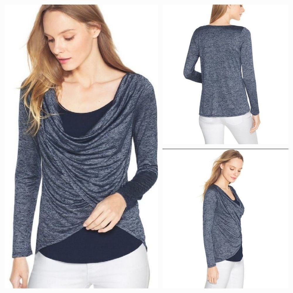 🔺️WHBM Blue & Metallic Silver Cowl Neck Draped Long Sleeve Top Small